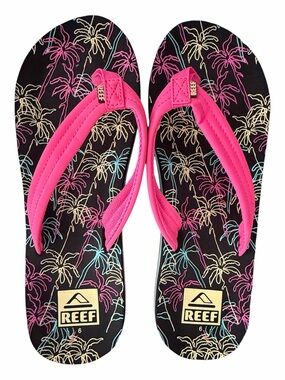 Reef Ahi Sandals Big Kids Size 6 Hot Pink Tropical Palm Tree Print Flip Flops